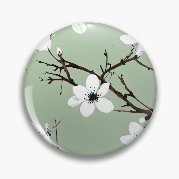 Item preview, White, delicate blossoms with dark centers and bare branches are scattered across a soft, light green background in a repeating pattern designed and sold by homydesign.