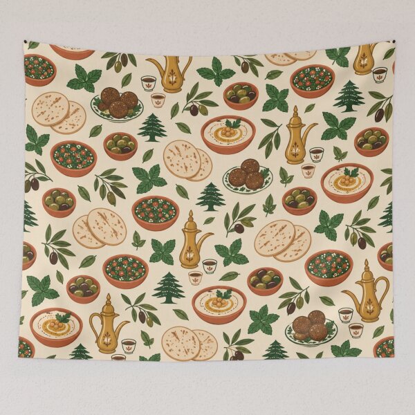 Item preview, Lebanese Food Pattern | Hummus, Falafel, Tabbouleh, Pita, Cedar Trees and Arabic Coffee designed and sold by StickyGuys.