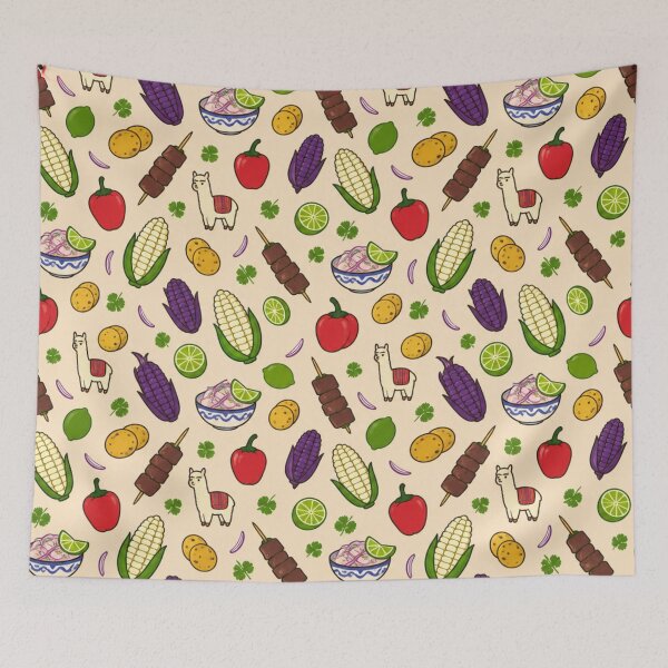 Item preview, Peruvian Food Pattern | Ceviche, Purple Corn, Choclo, Anticuchos, Limes and Little Alpacas designed and sold by StickyGuys.