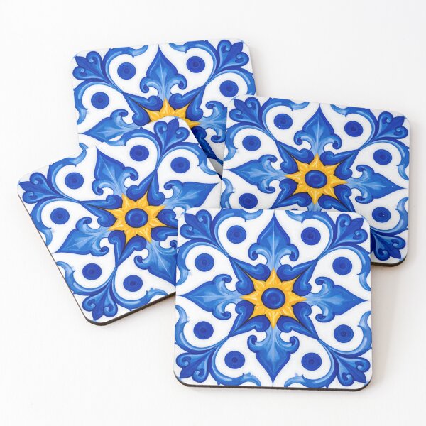 Item preview, A ceramic tile with intricate blue and yellow floral patterns on a white background, evoking traditional artistry and vibrant design designed and sold by homydesign.