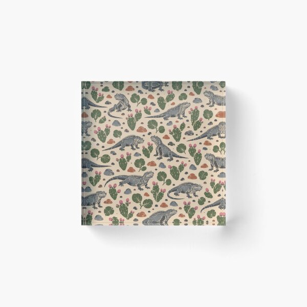 Item preview, Rhino Iguana Linocut Pattern | Rhinoceros Iguanas with Prickly Pear Cactus and Sea Grape Leaves designed and sold by StickyGuys.