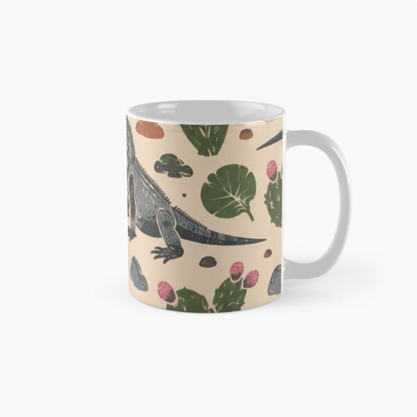 Item preview, Rhino Iguana Linocut Pattern | Rhinoceros Iguanas with Prickly Pear Cactus and Sea Grape Leaves designed and sold by StickyGuys.