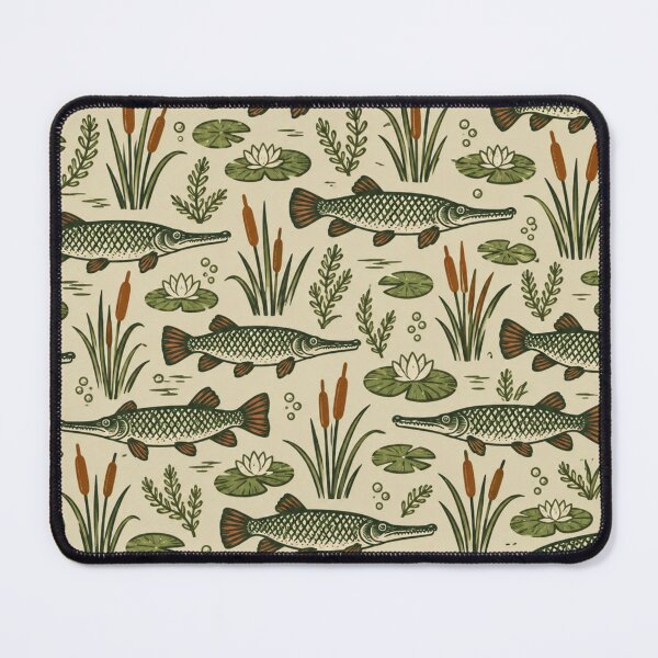 Item preview, Alligator Gar Vintage Fishing Pattern | Woodcut Gar Fish with Cattails and Lily Pads designed and sold by StickyGuys.