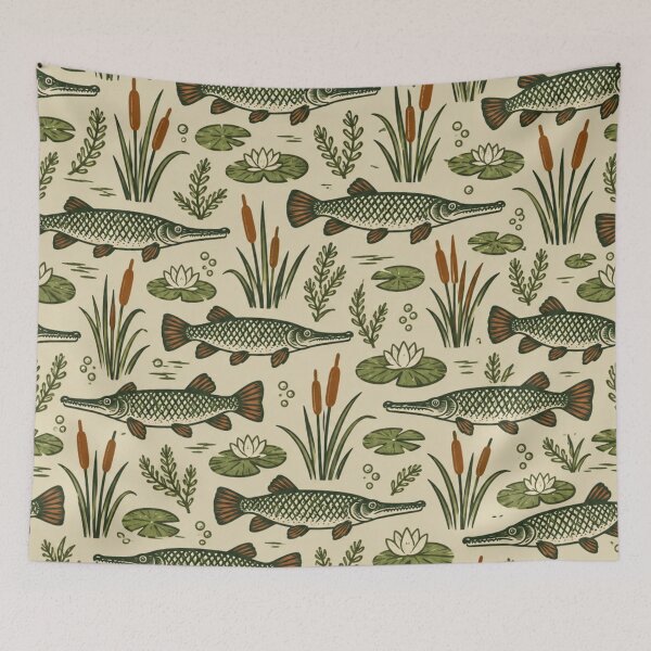 Item preview, Alligator Gar Vintage Fishing Pattern | Woodcut Gar Fish with Cattails and Lily Pads designed and sold by StickyGuys.
