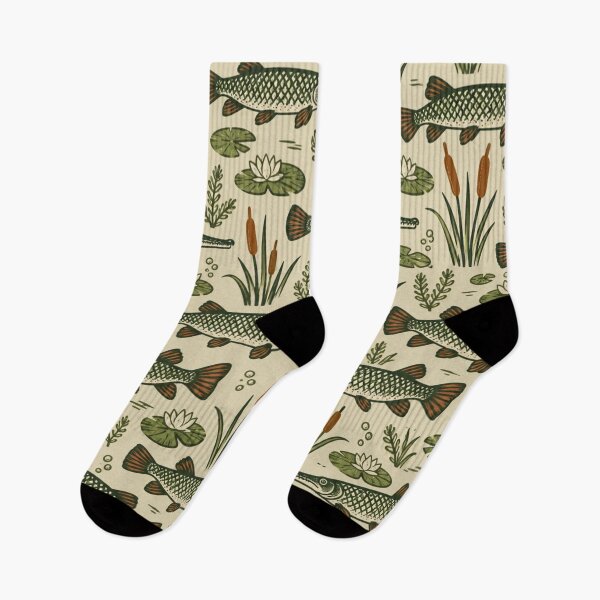 Item preview, Alligator Gar Vintage Fishing Pattern | Woodcut Gar Fish with Cattails and Lily Pads designed and sold by StickyGuys.