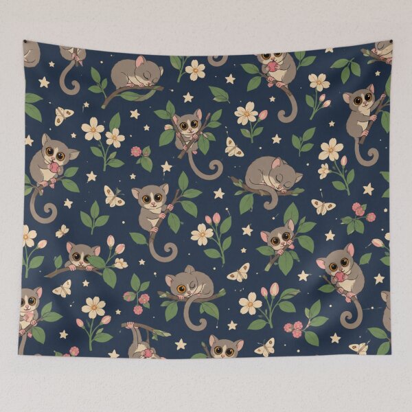 Item preview, Mouse Lemur Night Pattern | Tiny Madagascar Lemurs with Big Eyes, Flowers and Stars on Navy designed and sold by StickyGuys.
