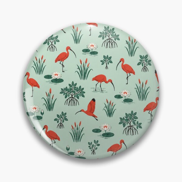 Item preview, Scarlet Ibis Chinoiserie Pattern | Red Ibises Wading among Mangroves, Lotus and Reeds on Mint designed and sold by StickyGuys.