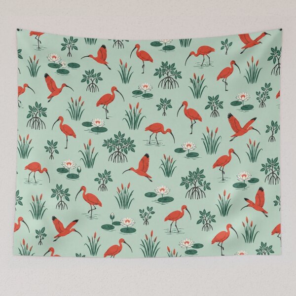 Item preview, Scarlet Ibis Chinoiserie Pattern | Red Ibises Wading among Mangroves, Lotus and Reeds on Mint designed and sold by StickyGuys.
