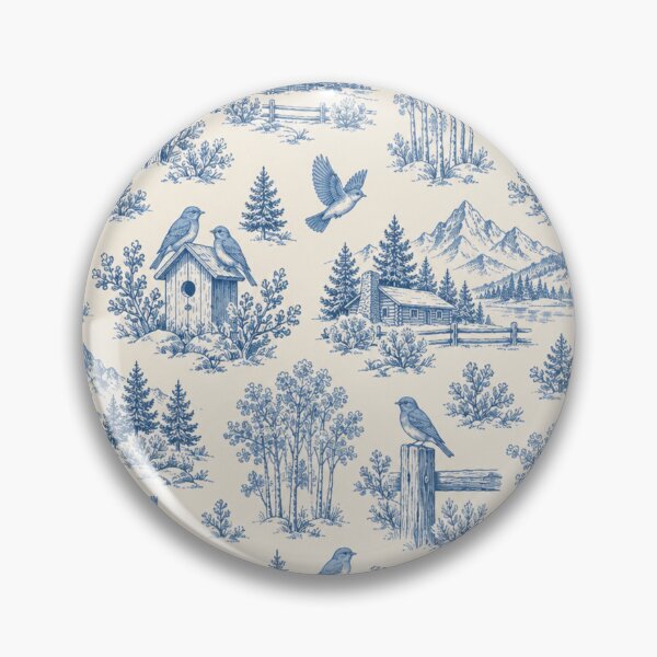 Item preview, Mountain Bluebird Toile Pattern | Blue Toile de Jouy with Bluebirds, Fence Posts, Aspens and Cabins designed and sold by StickyGuys.