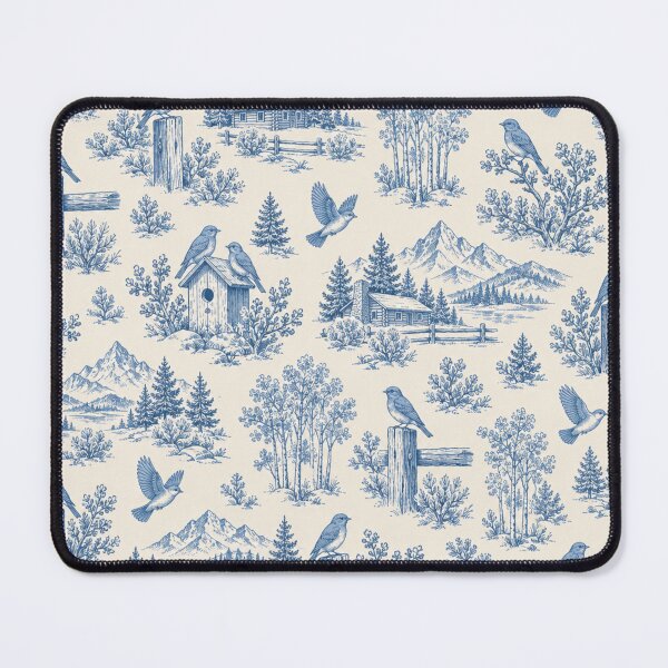 Item preview, Mountain Bluebird Toile Pattern | Blue Toile de Jouy with Bluebirds, Fence Posts, Aspens and Cabins designed and sold by StickyGuys.