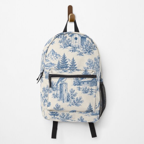 Item preview, Mountain Bluebird Toile Pattern | Blue Toile de Jouy with Bluebirds, Fence Posts, Aspens and Cabins designed and sold by StickyGuys.