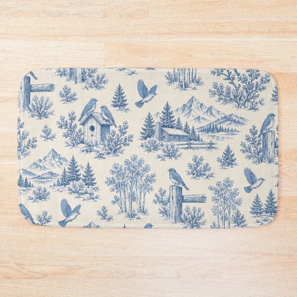 Item preview, Mountain Bluebird Toile Pattern | Blue Toile de Jouy with Bluebirds, Fence Posts, Aspens and Cabins designed and sold by StickyGuys.