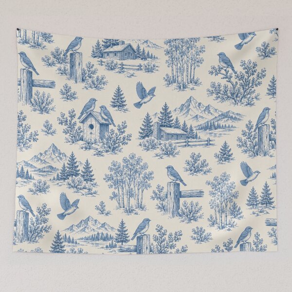 Item preview, Mountain Bluebird Toile Pattern | Blue Toile de Jouy with Bluebirds, Fence Posts, Aspens and Cabins designed and sold by StickyGuys.