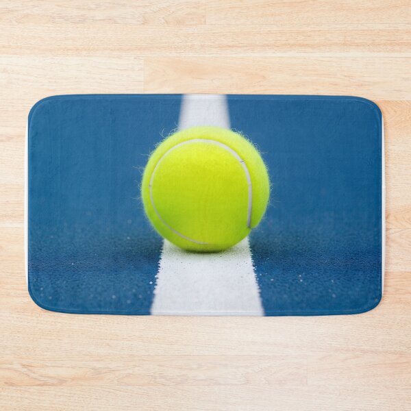Item preview, A vibrant yellow tennis ball rests perfectly on the white service line of a blue court, ready for play and an exciting game designed and sold by homydesign.