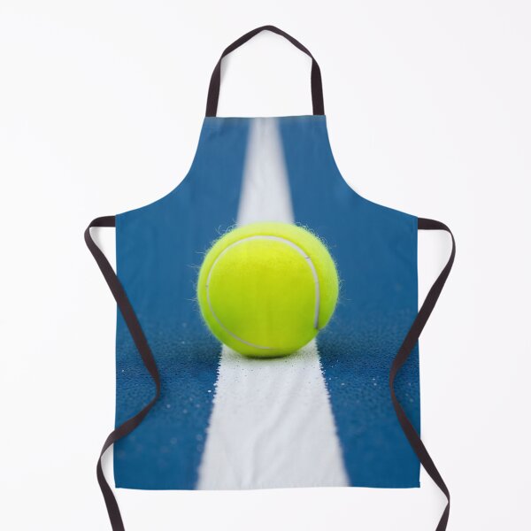 Item preview, A vibrant yellow tennis ball rests perfectly on the white service line of a blue court, ready for play and an exciting game designed and sold by homydesign.