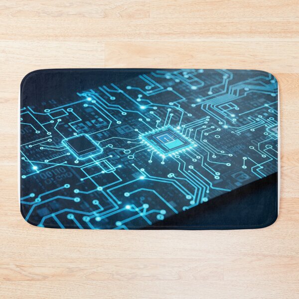 Artikelvorschau, Eine leuchtend blaue Leiterplatte mit glühenden Mikrochips und komplexen Leiterbahnen symbolisiert fortschrittliche Technologie und digitale Verarbeitung. entworfen und verkauft von homydesign.