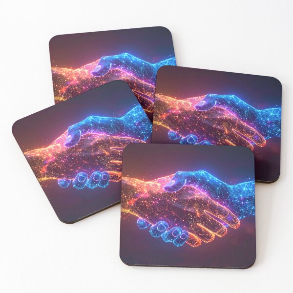 Item preview, Two hands, composed of glowing digital particles in red and blue, shake in a handshake, symbolizing a technological partnership designed and sold by homydesign.