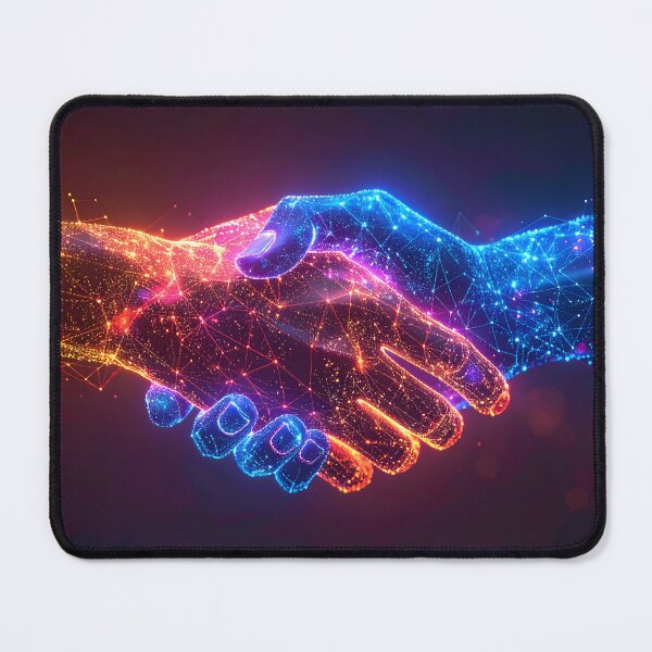 Artikelvorschau, Zwei Hände, bestehend aus leuchtenden digitalen Partikeln in Rot und Blau, schütteln sich zum Händedruck und symbolisieren so eine technologische Partnerschaft. entworfen und verkauft von homydesign.
