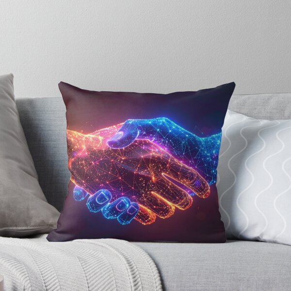 Item preview, Two hands, composed of glowing digital particles in red and blue, shake in a handshake, symbolizing a technological partnership designed and sold by homydesign.