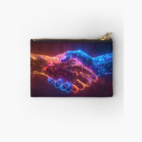 Item preview, Two hands, composed of glowing digital particles in red and blue, shake in a handshake, symbolizing a technological partnership designed and sold by homydesign.