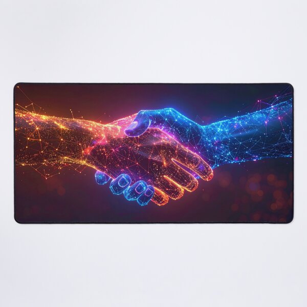 Item preview, Two hands, composed of glowing digital particles in red and blue, shake in a handshake, symbolizing a technological partnership designed and sold by homydesign.