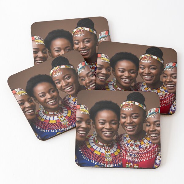 Item preview, Four joyful African women in vibrant, traditional beaded attire and headwear, smiling broadly and celebrating their rich culture designed and sold by homydesign.