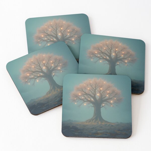 Item preview, A fantastical, gnarled tree with glowing orbs amidst its branches stands in a mystical landscape under a serene, muted sky designed and sold by homydesign.