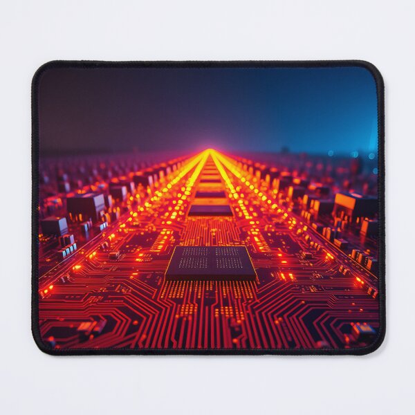 Item preview, A mesmerizing, illuminated circuit board stretches into the distance, symbolizing intricate data flow and technological advancement designed and sold by homydesign.