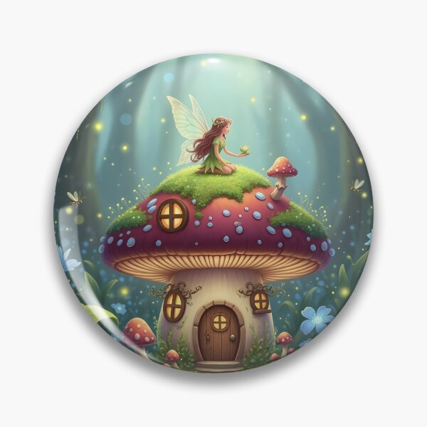 Item preview, A magical forest scene with a young, ethereal female fairy with wings perched atop a whimsical mushroom house, surrounded by glowing flora designed and sold by homydesign.