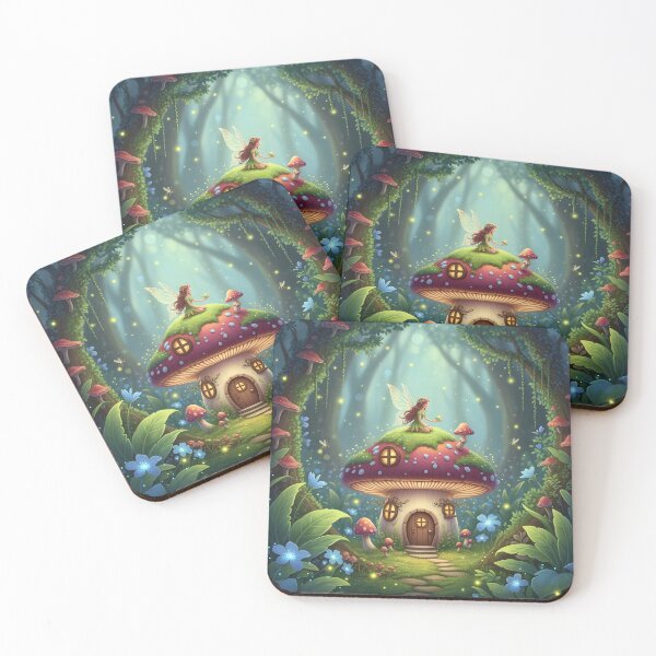 Item preview, A magical forest scene with a young, ethereal female fairy with wings perched atop a whimsical mushroom house, surrounded by glowing flora designed and sold by homydesign.