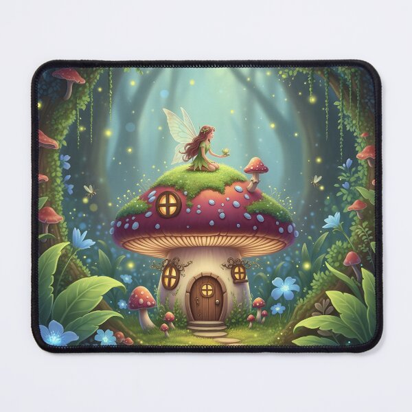Item preview, A magical forest scene with a young, ethereal female fairy with wings perched atop a whimsical mushroom house, surrounded by glowing flora designed and sold by homydesign.