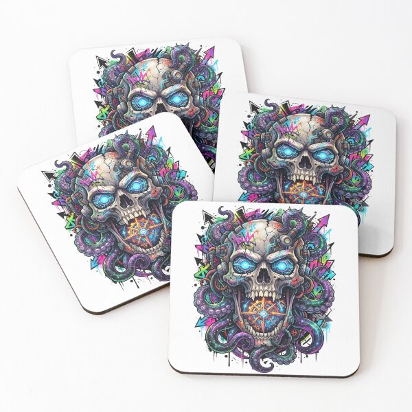 Item preview, Gold and Blue Skull Art, Neon Cyberpunk Tentacle Skull designed and sold by Terra Nova Collective.