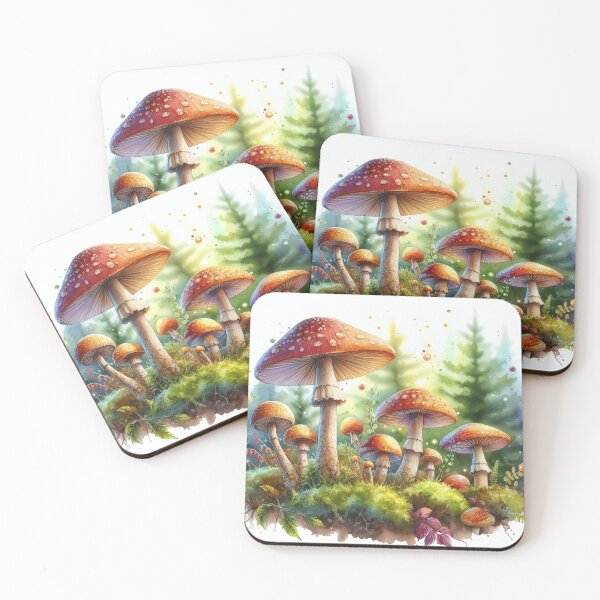Item preview, A watercolor illustration of vibrant mushrooms nestled in a lush forest floor, with soft sunlight filtering through the trees designed and sold by homydesign.