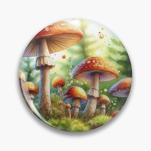 Item preview, A watercolor illustration of vibrant mushrooms nestled in a lush forest floor, with soft sunlight filtering through the trees designed and sold by homydesign.