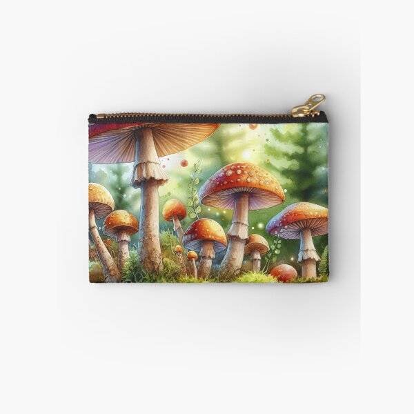 Item preview, A watercolor illustration of vibrant mushrooms nestled in a lush forest floor, with soft sunlight filtering through the trees designed and sold by homydesign.