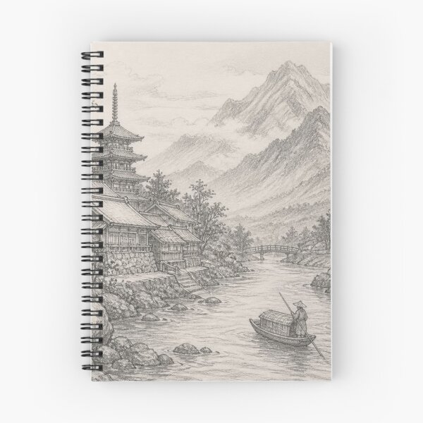 Item preview, Chinese mountain river scene in pencil sketch designed and sold by JackFreestone.