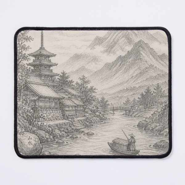 Item preview, Chinese mountain river scene in pencil sketch designed and sold by JackFreestone.