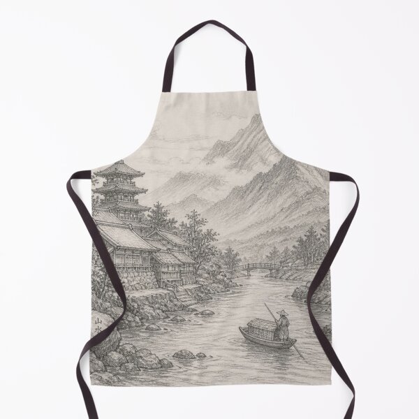 Item preview, Chinese mountain river scene in pencil sketch designed and sold by JackFreestone.