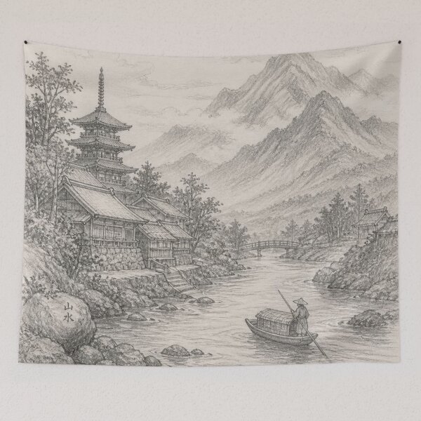 Item preview, Chinese mountain river scene in pencil sketch designed and sold by JackFreestone.