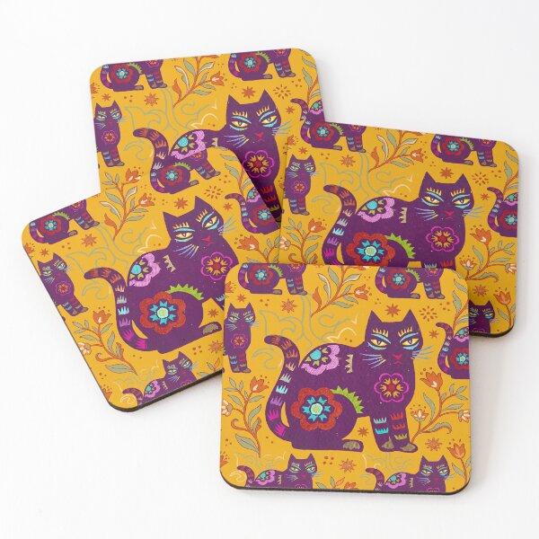 Item preview, Purple Ornamented Cats With Mustard Florals designed and sold by Fani*.