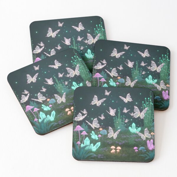 Item preview, Glowing butterflies flutter among luminous crystals and magical mushrooms in an enchanting, mystical forest scene designed and sold by homydesign.