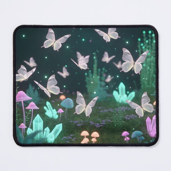 Item preview, Glowing butterflies flutter among luminous crystals and magical mushrooms in an enchanting, mystical forest scene designed and sold by homydesign.