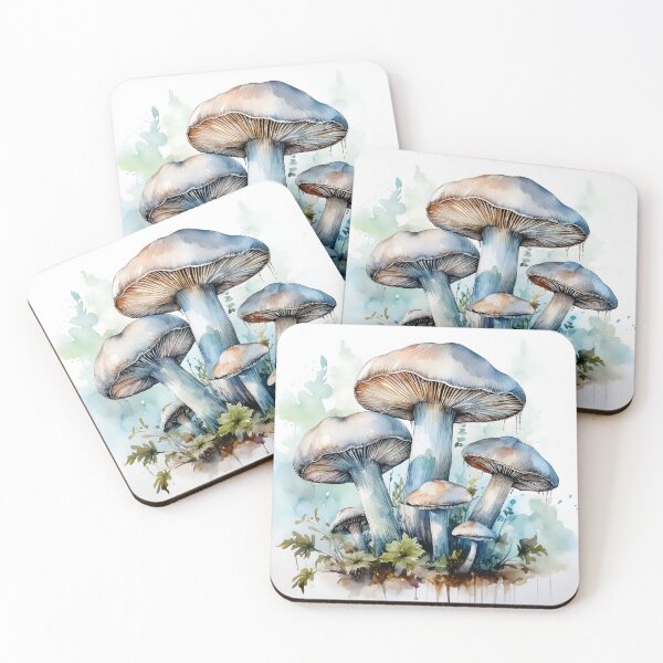 Item preview, Watercolor painting of mushrooms with white caps, featuring detailed gills and artistic splashes on a soft green background designed and sold by homydesign.