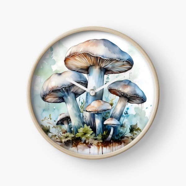 Item preview, Watercolor painting of mushrooms with white caps, featuring detailed gills and artistic splashes on a soft green background designed and sold by homydesign.