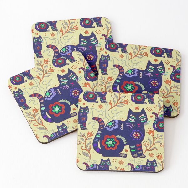 Item preview, Indigo Ornamented Cats With Butter Yellow Florals designed and sold by Fani*.
