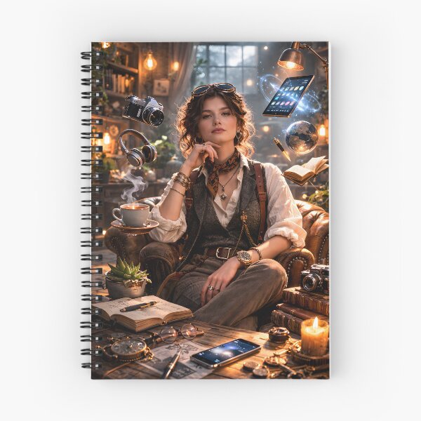 Item preview, Adventurous woman in a steampunk study surrounded by levitating objects designed and sold by homydesign.