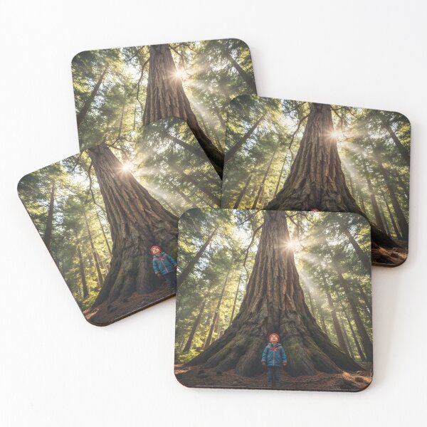 Item preview, Small child standing before a massive redwood tree in a sunlit forest designed and sold by homydesign.