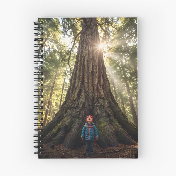 Artikelvorschau, Kleines Kind steht vor einem riesigen Redwood-Baum in einem sonnenbeschienenen Wald entworfen und verkauft von homydesign.