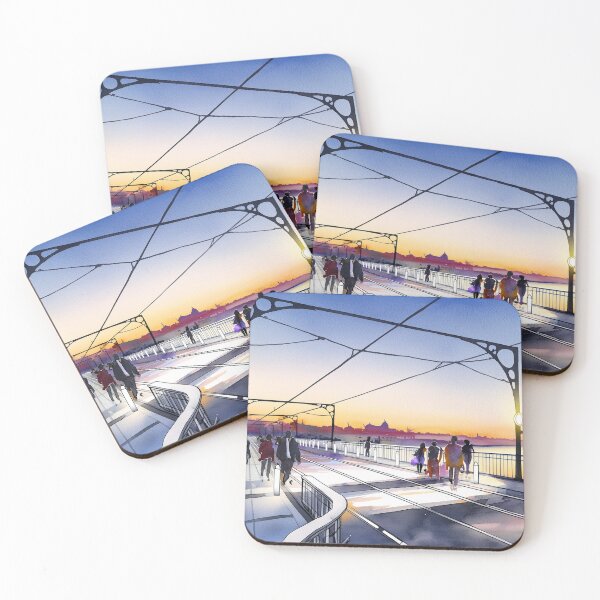 Item preview, A serene scene of people walking on a bridge at dusk, with a city silhouette and glowing lights designed and sold by homydesign.