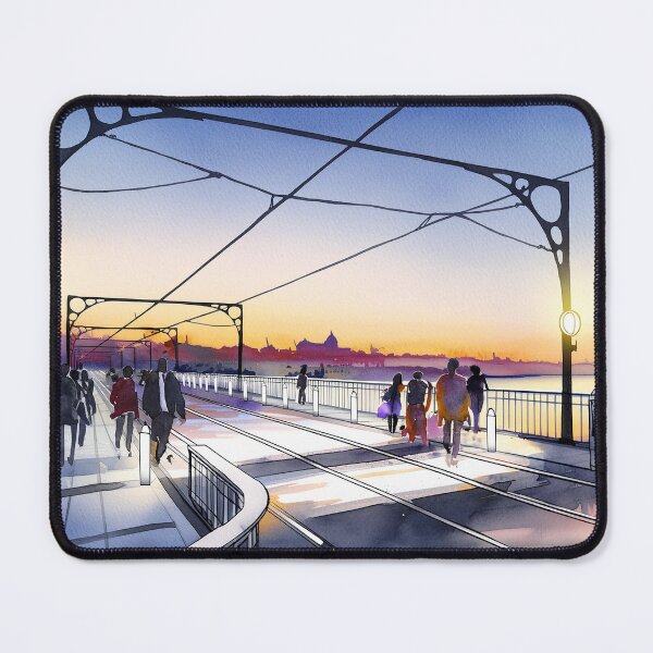 Item preview, A serene scene of people walking on a bridge at dusk, with a city silhouette and glowing lights designed and sold by homydesign.